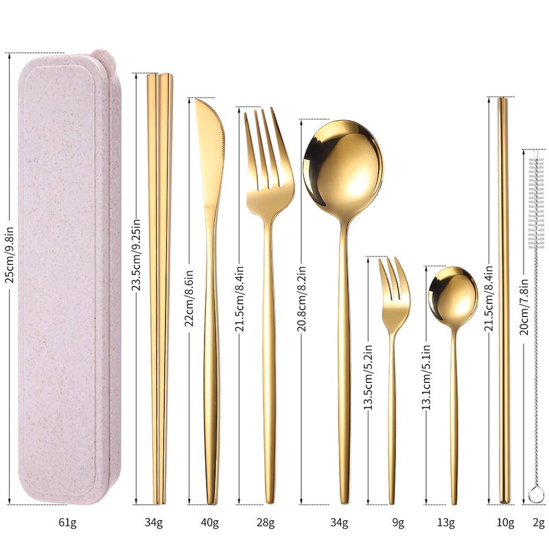 AARAINBOW 8 Pieces Stainless Steel Flatware Set Portable Reusable Cutlery Set Travel Utensils Set Including Chopsticks Knife Fork Spoon Straws Cleaning Brush Dishwasher Safe (Golden) - Image 2